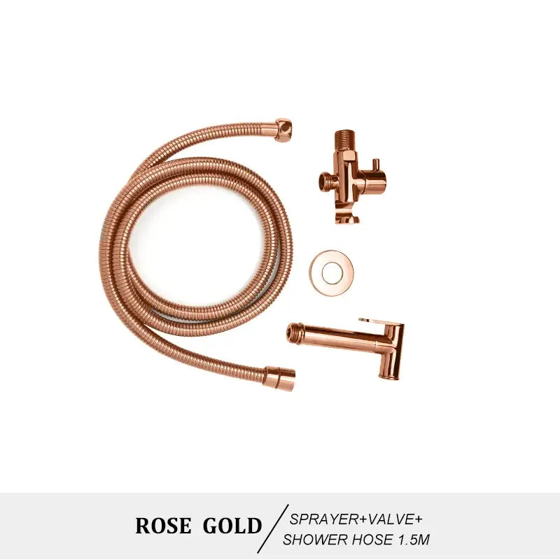 Rose gold modern brass bidet spray kit with coiled hose valve and matching spray head for bathroom use