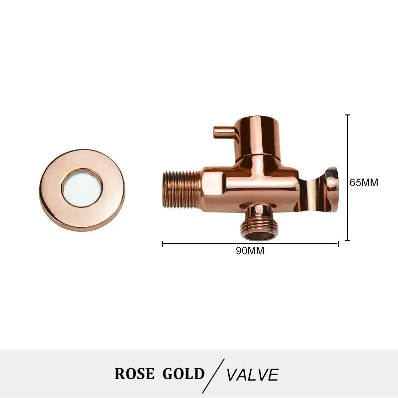 Rose gold modern brass bidet spray kit valve with matching circular flange and polished metallic threaded connections