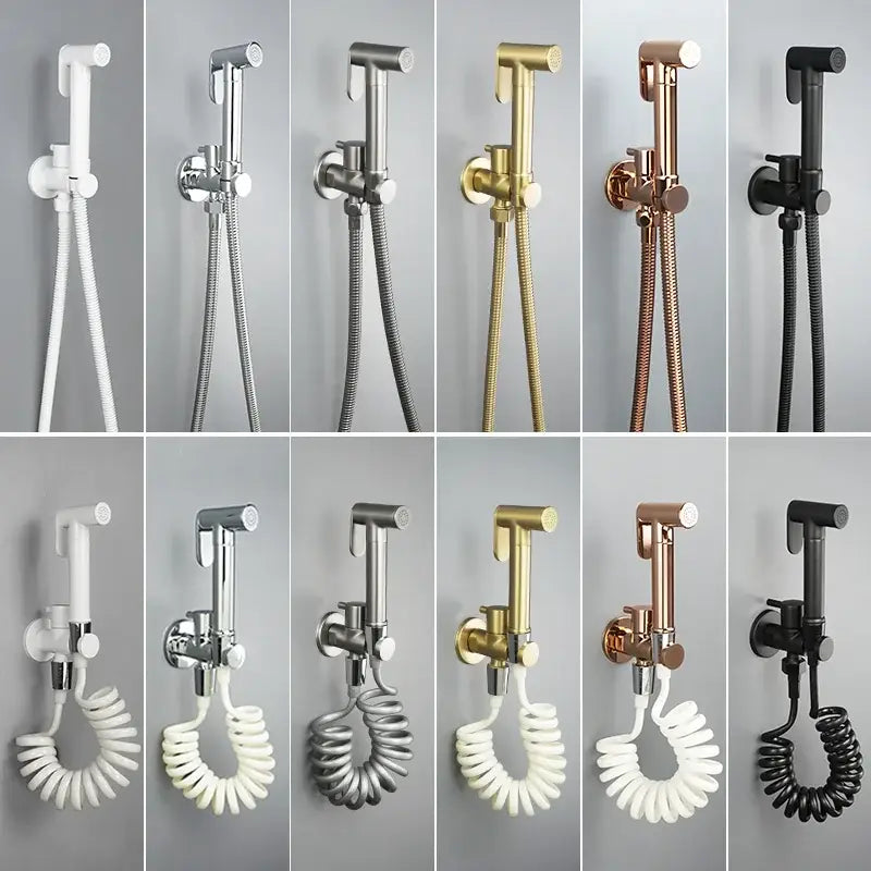 Modern brass bidet spray kit with coiled hose and adjustable nozzle in white chrome gold rose gold and black finishes