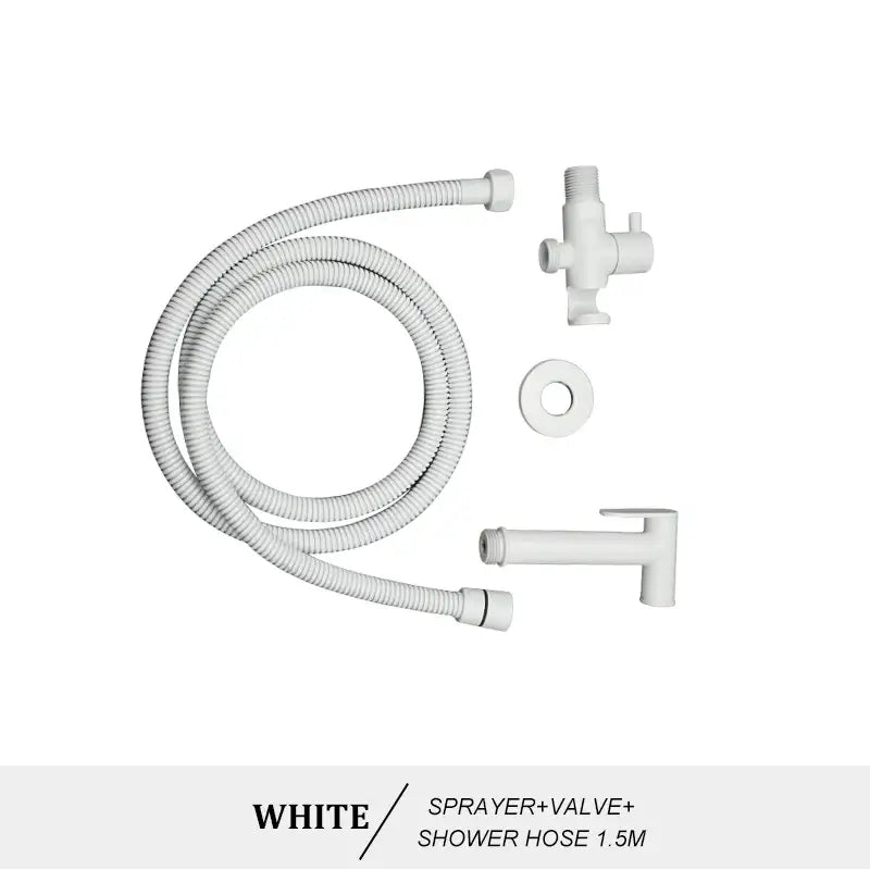 Modern brass bidet spray kit featuring a white plastic flexible coiled hose with matching spray nozzle and valve assembly