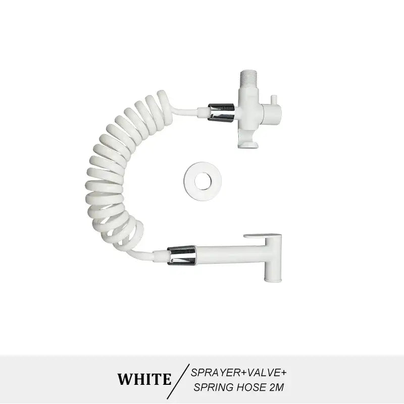 Modern brass bidet spray kit featuring a white plastic bidet spray with chrome accents and 2 meter coiled hose