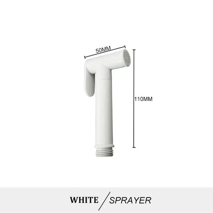 Modern brass bidet spray kit featuring a white plastic handheld bidet spray with 50mm nozzle and 110mm height