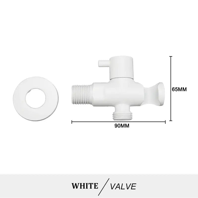 White plastic valve with threaded connections 65mm height and 90mm width for modern brass bidet spray kit
