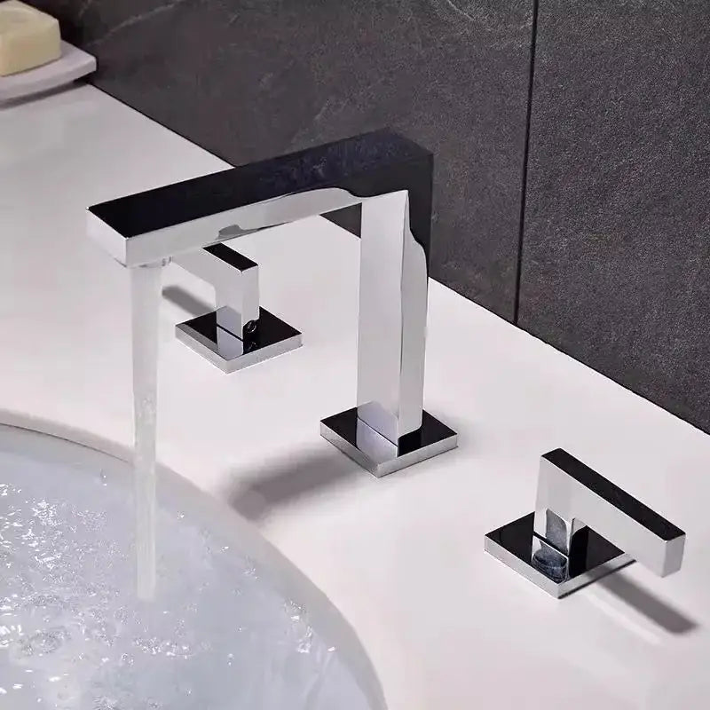 Modern chrome-finished three-handle basin faucet with sleek angular design and brass black basin decorbites style