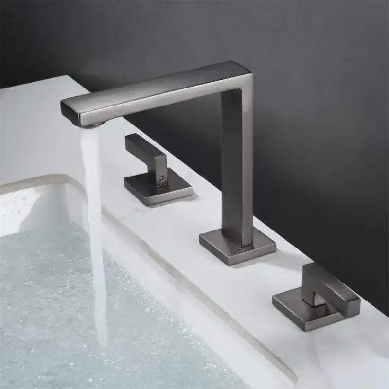 Modern brass black basin faucet with sleek matte black rectangular design and three square-mounted handles for bathroom decorbites brass black basin faucet