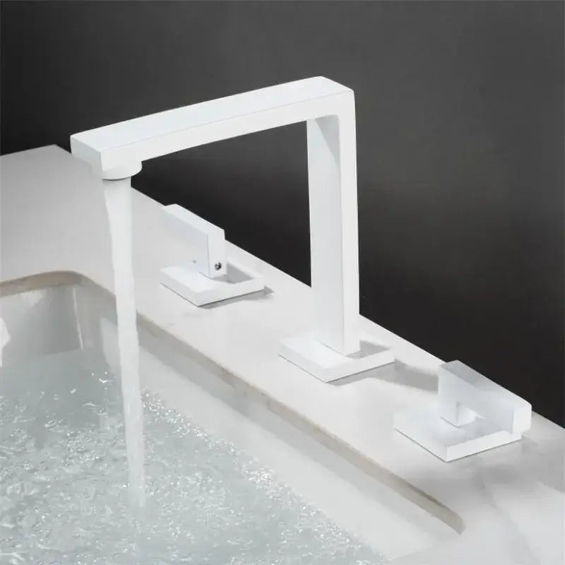 Modern white rectangular basin faucet with three handles and waterfall spout decorbites brass black basin design