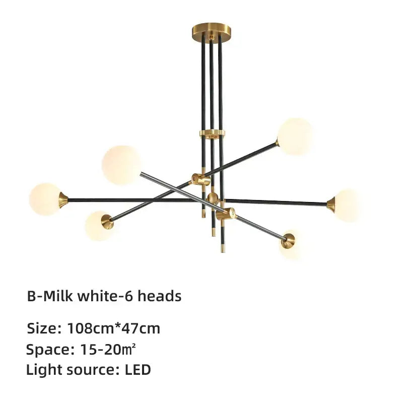 Modern brass and black geometric glass ball chandelier with six milk-white spherical shades for dining room decorbites geometric glass