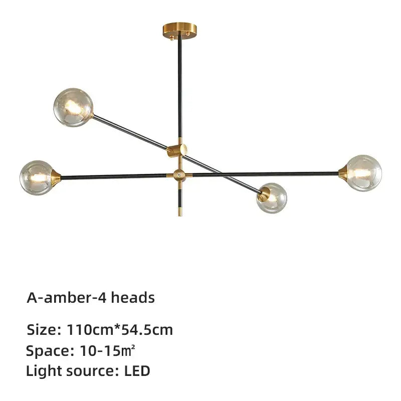 Modern brass and black geometric glass ball chandelier with four amber glass globe lights for dining room decorbites geometric glass