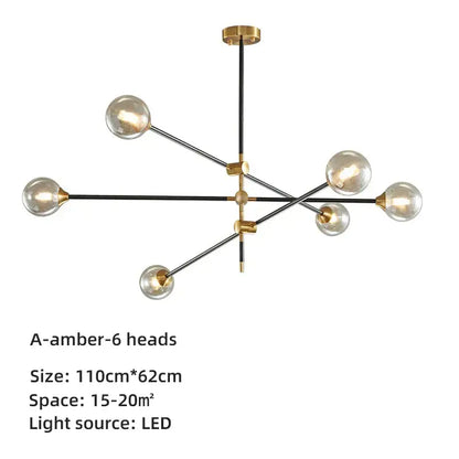 Modern brass and black geometric glass ball chandelier with six amber glass globes for dining room decorbites geometric glass lighting