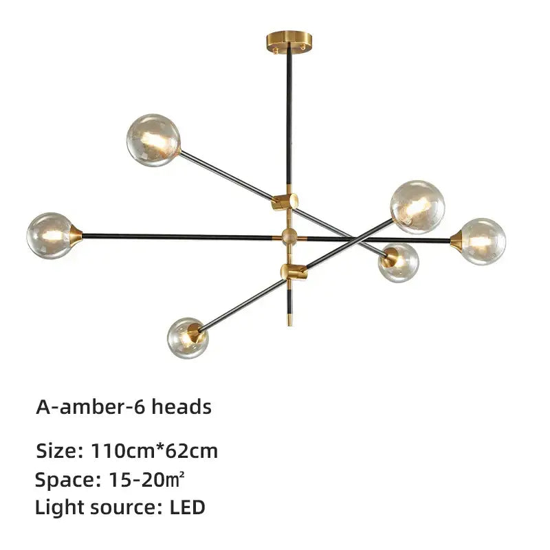 Modern brass and black geometric glass ball chandelier with six amber glass globes for dining room decorbites geometric glass lighting