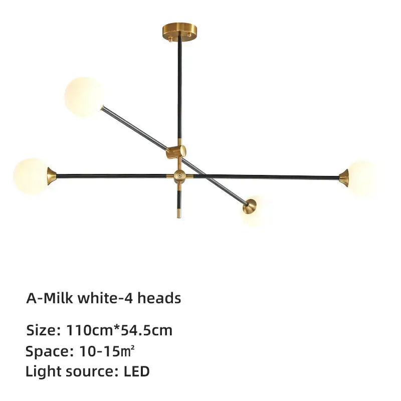 Modern brass and black geometric glass ball chandelier with four milk-white spherical glass shades for dining room decorbites geometric glass