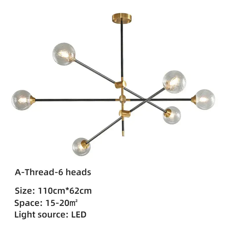 Modern brass and black geometric glass ball chandelier with six-arm black rods and clear glass globe bulbs for dining room decorbites geometric glass