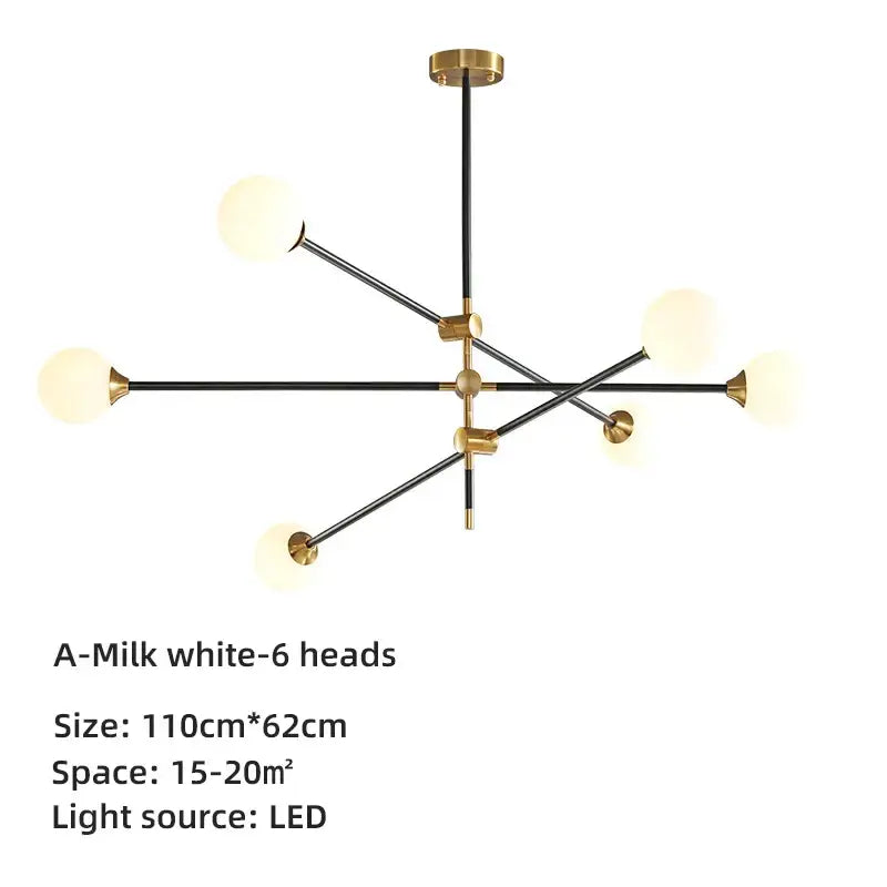 Modern brass and black geometric glass ball chandelier with milk-white spherical shades for dining room decorbites geometric glass