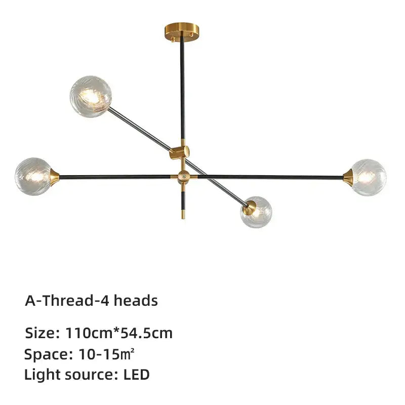 Modern brass and black geometric glass ball chandelier with four clear glass globe bulbs for dining room decorbites geometric glass