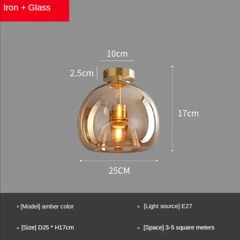 Modern brass and black glass ball led ceiling light featuring amber-colored decorbites glass ball and e27 bulb fixture