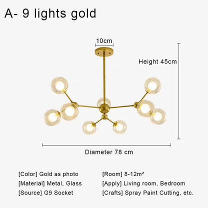 Modern brass and black glass ball pendant chandelier with nine gold-colored glass ball bulbs for dining room decorbites glass ball