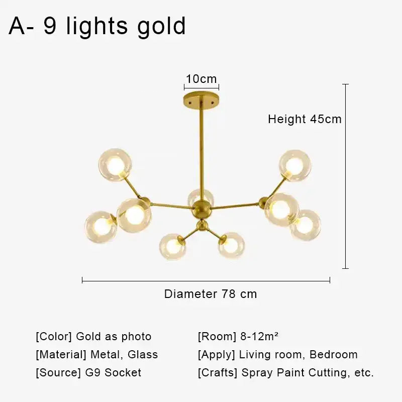 Modern brass and black glass ball pendant chandelier with nine gold-colored glass ball bulbs for dining room decorbites glass ball