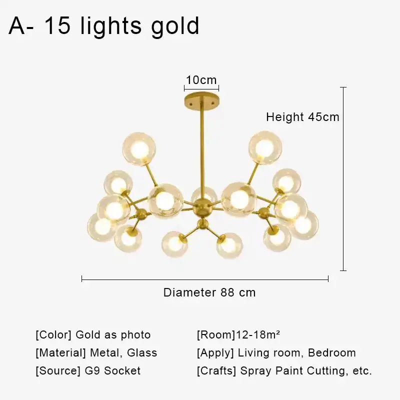 Modern brass and black glass ball pendant chandelier with 15 gold spherical bulbs for dining room decorbites glass ball