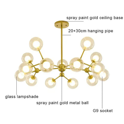 Modern brass and black glass ball pendant chandelier with gold spray-painted metal and clear glass lampshades