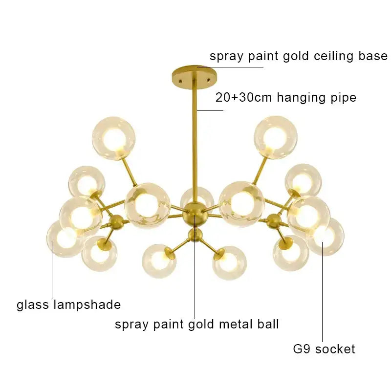 Modern brass and black glass ball pendant chandelier with gold spray-painted metal and clear glass lampshades