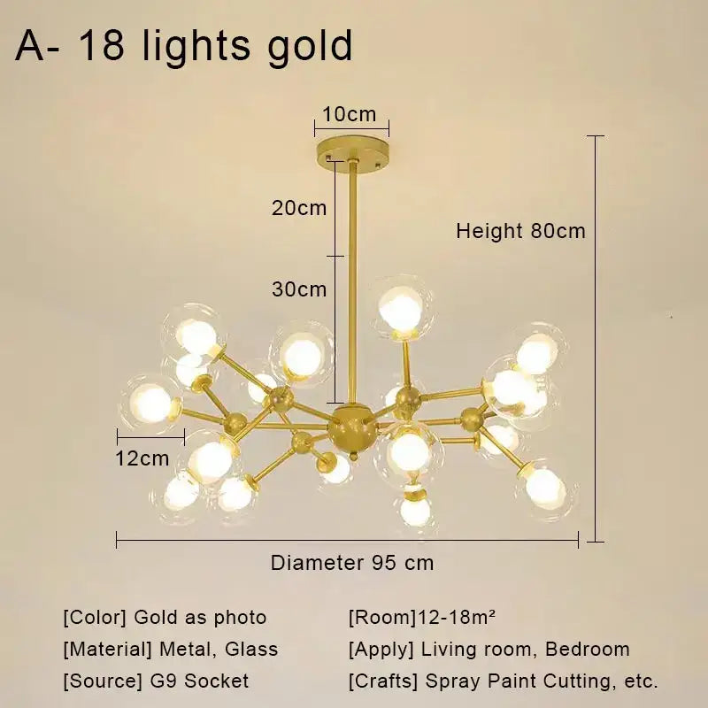 Modern brass and black glass ball pendant chandelier with 18 gold-colored glass ball bulbs for living room decorbites glass ball