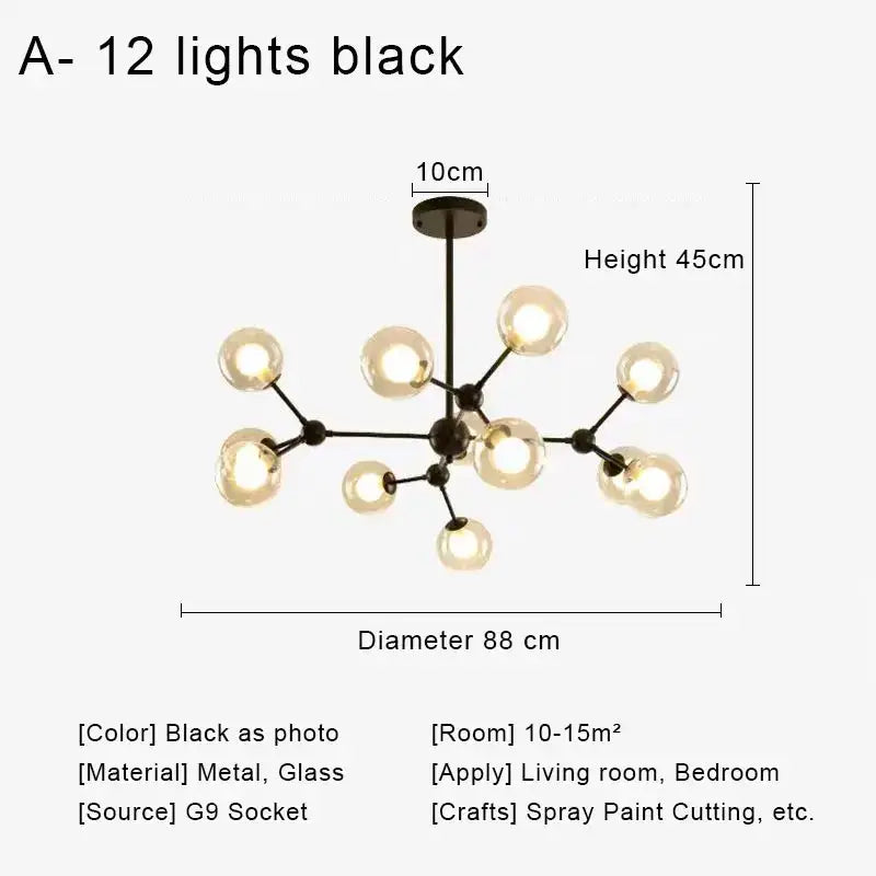 Modern brass and black glass ball pendant chandelier with 12 spherical bulbs for dining room decorbites glass ball design