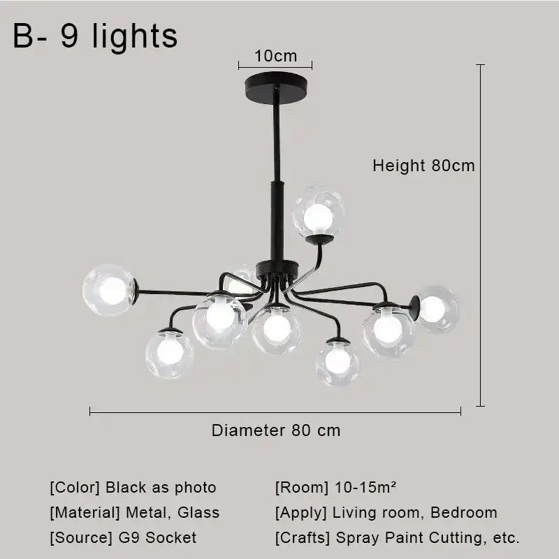 Modern brass and black metal chandelier with nine clear glass ball globe lights for dining room decorbites glass ball pendant