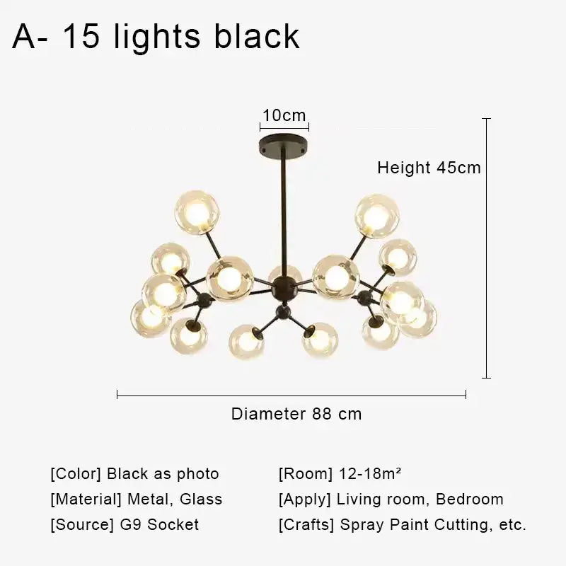 Modern brass and black glass ball pendant chandelier with 15 spherical bulbs for dining room decorbites glass ball design