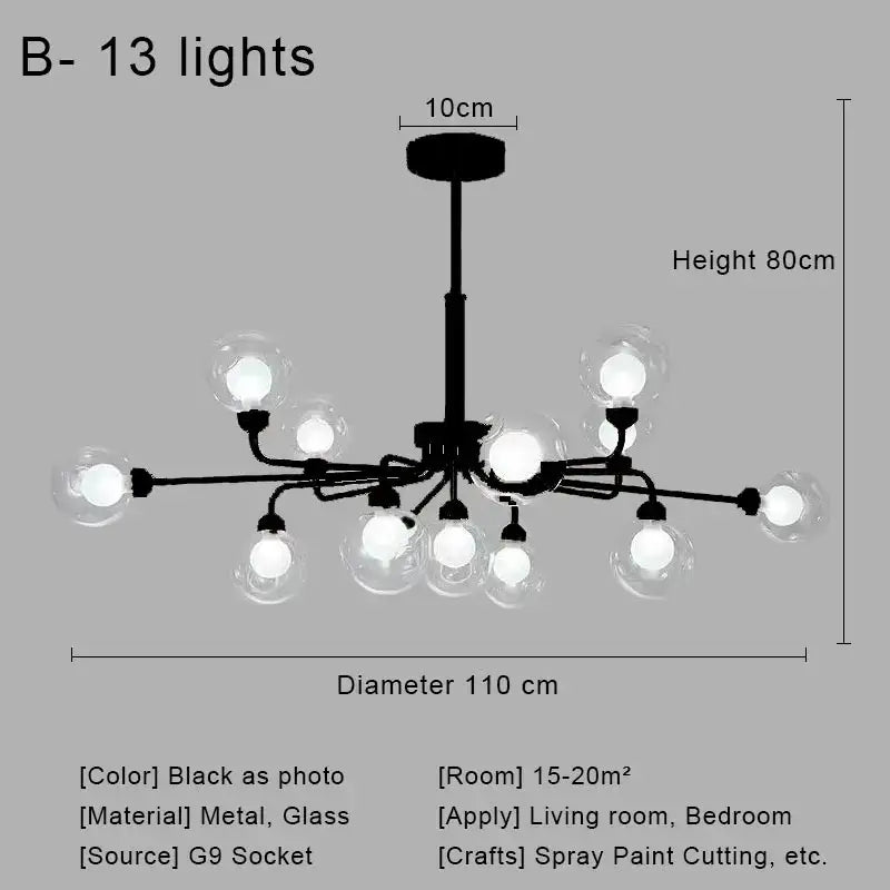 Black metal chandelier with 13 clear glass ball bulbs for dining room decorbites glass ball pendant lighting