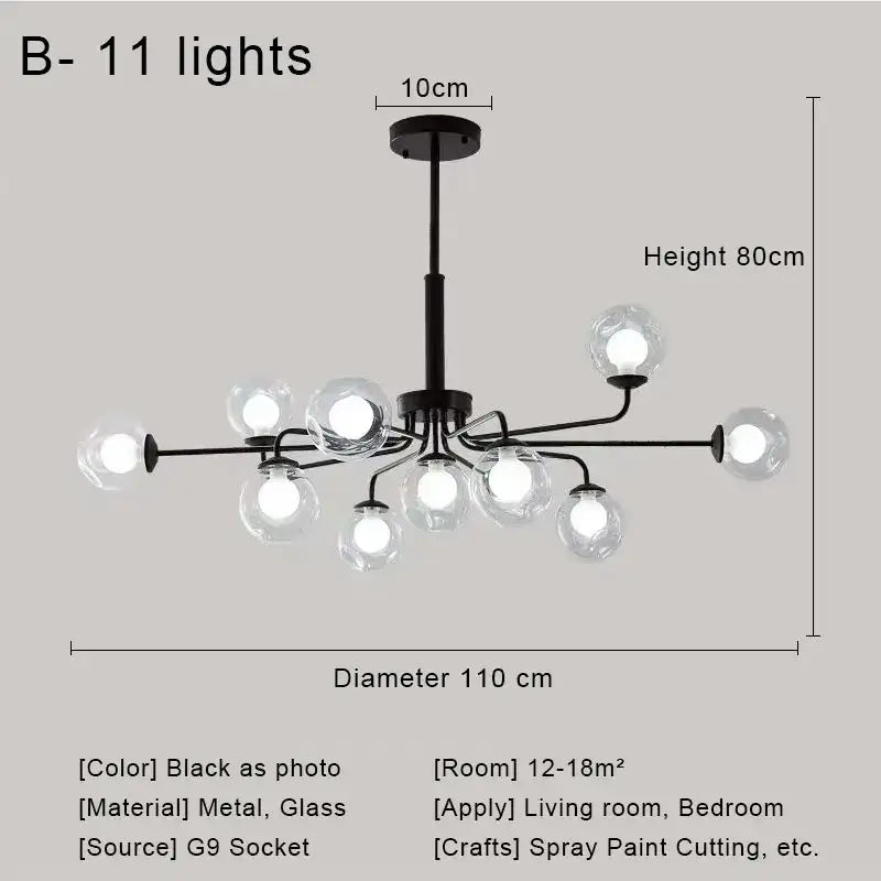 Modern brass and black metal chandelier with 11 decorbites glass ball bulbs for dining room decorball pendant lighting