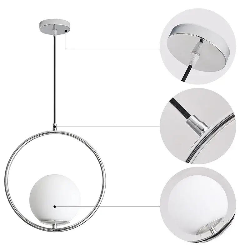 Modern chrome-finished pendant light with a sleek circular frame and white glass ball for dining room decorbites glass ball