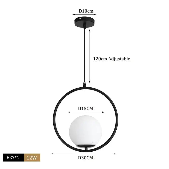 Modern brass and black decorbites glass ball pendant light with white spherical glass bulb for dining room decor