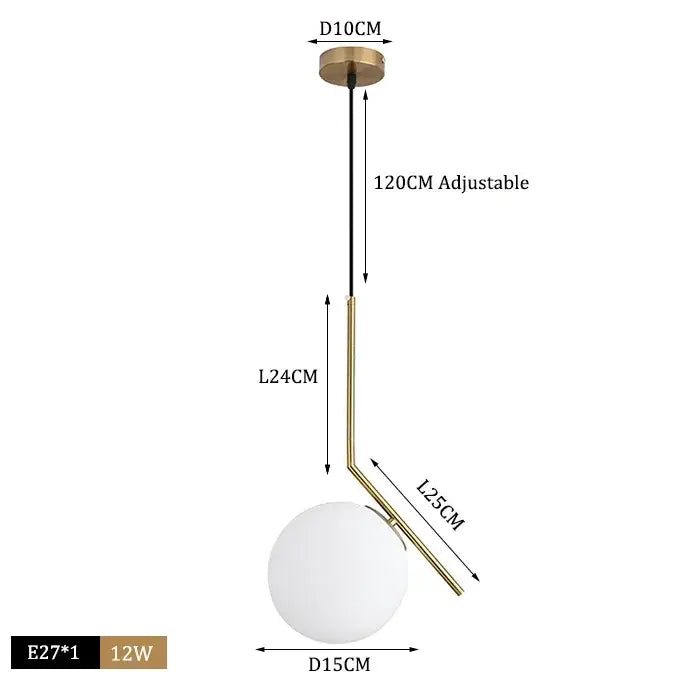Modern brass pendant light with frosted white glass ball shade and adjustable curved arm for dining room decorbites glass ball