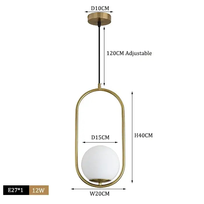 Modern brass and black glass ball pendant light with a gold-toned oval frame and frosted glass globe decorbites glass ball