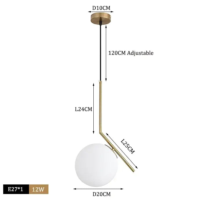Modern brass and black glass ball pendant light with gold-toned frosted glass globe and adjustable black cord decorbites pendant light