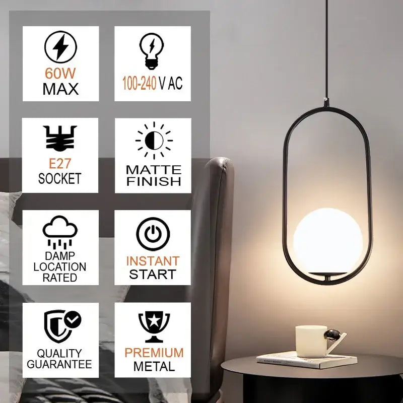 Modern brass and black glass ball pendant light with black matte oval frame and frosted glass globe for dining room decorbites glass ball pendant