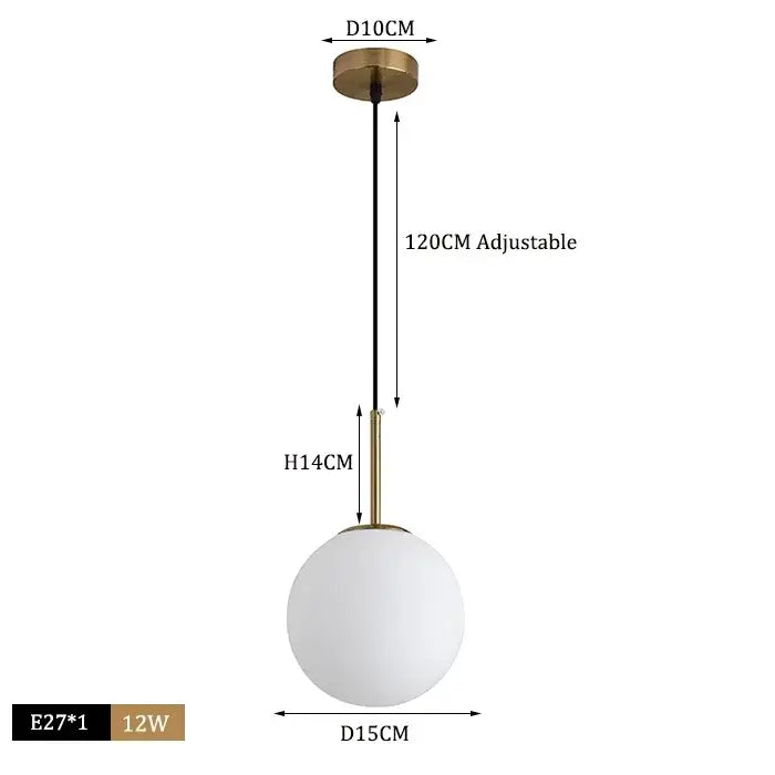 Modern brass and black glass ball pendant light with frosted white glass shade by decorbites for dining room decor