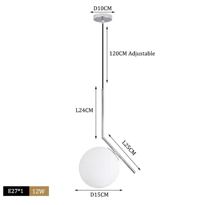 Modern brass and black glass ball pendant light featuring a frosted glass globe and chrome rod for dining room decorbites
