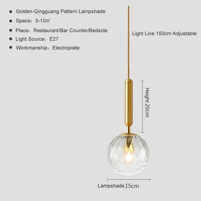 Modern brass and black glass ball pendant light with a faceted glass globe lampshade and adjustable hanging line