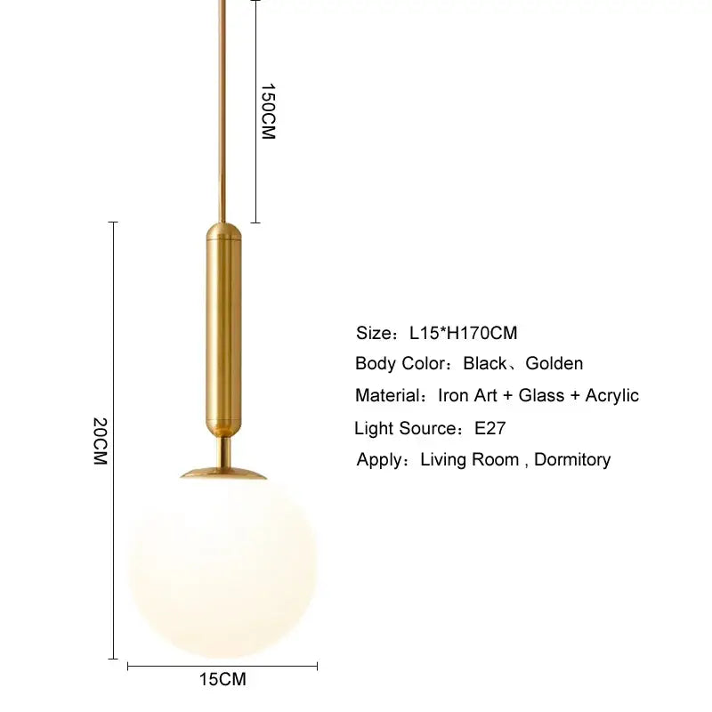 Modern brass and black glass ball pendant light featuring a gold-toned stem and frosted decorbites glass ball pendant