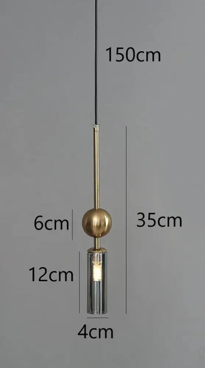 Modern brass and black glass pendant light with spherical top and cylindrical base for dining room with led bulb design style