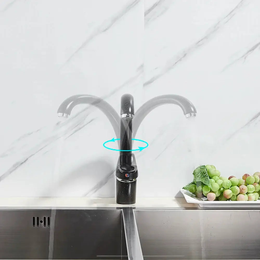 Modern brass black kitchen sink faucet with curved swivel spout and black speckled touchless dual spray heads decorbites brass black