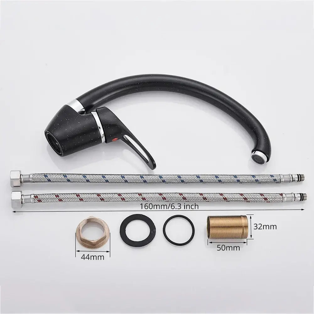 Modern brass black kitchen sink faucet with black speckled finish chrome accents and two braided hoses for decorbites brass black use