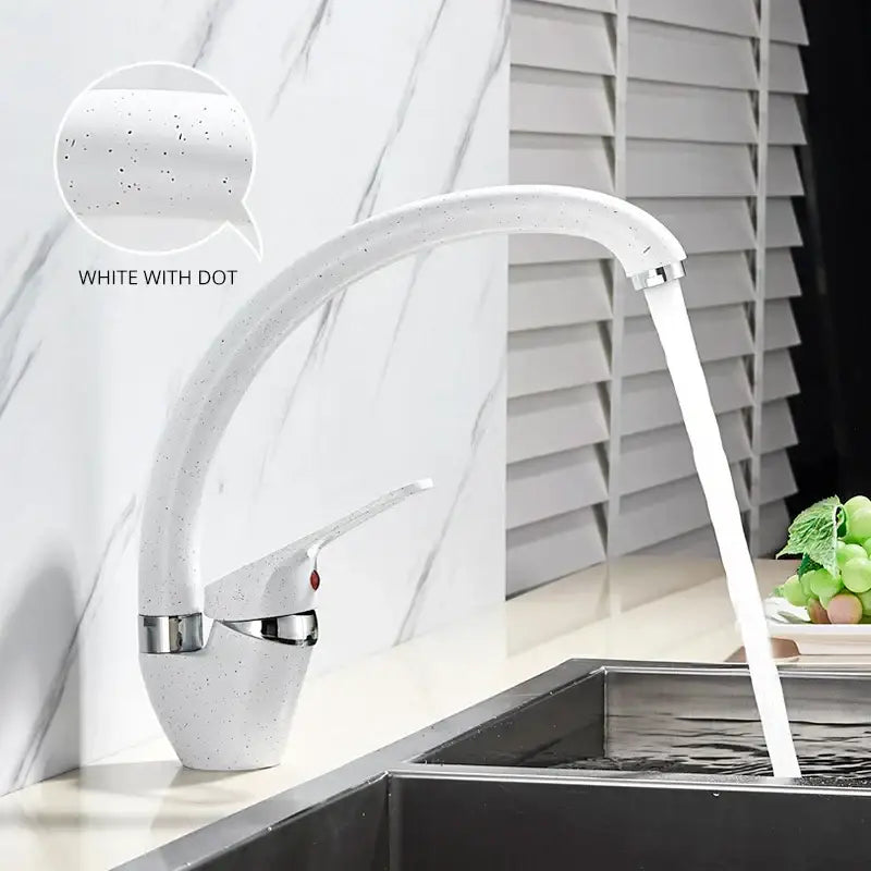 Modern brass black kitchen sink faucet with white speckled finish curved swivel spout and chrome accents by decorbites brass black