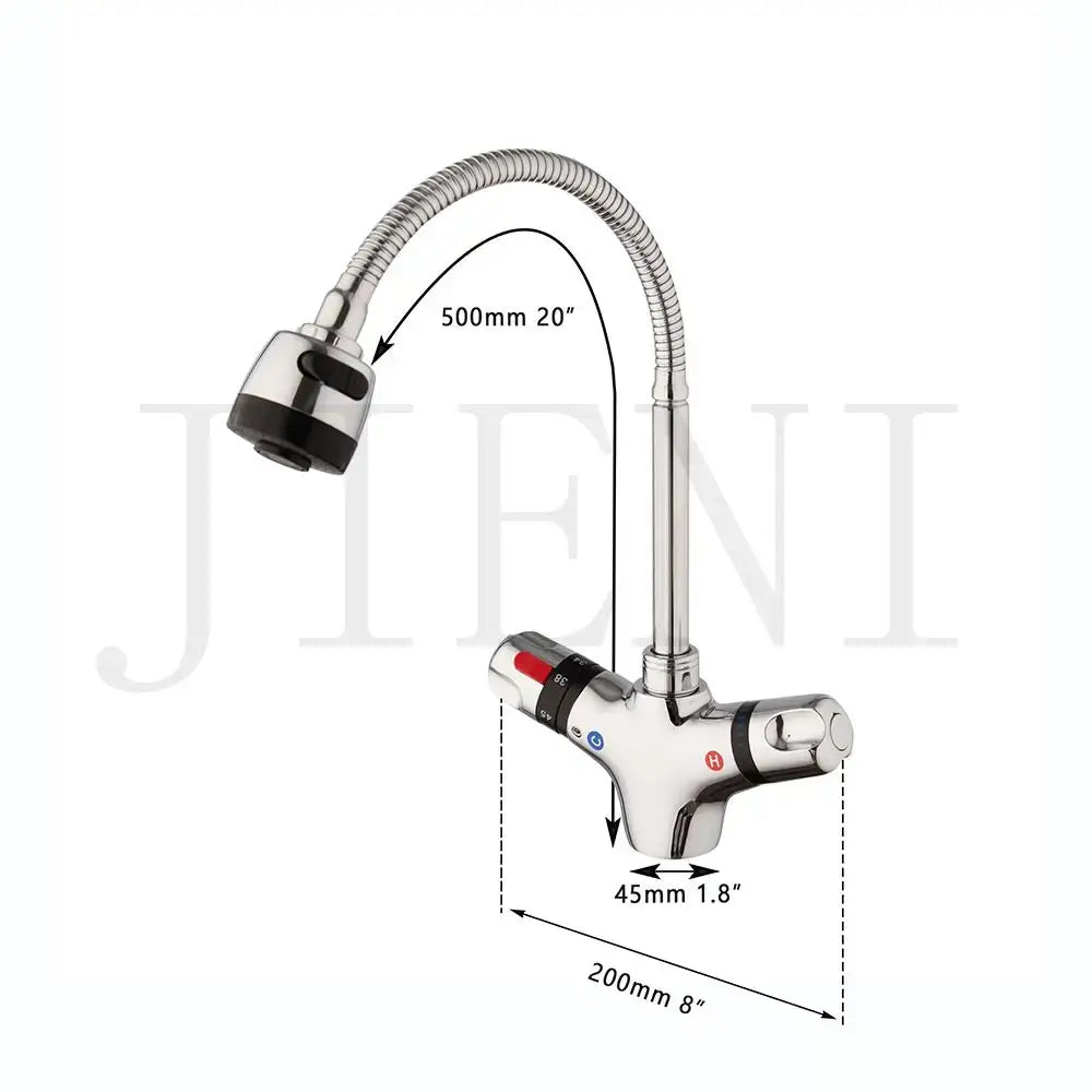 Modern brass and black kitchen sink faucet with chrome flexible gooseneck spout and dual control knobs for temperature control
