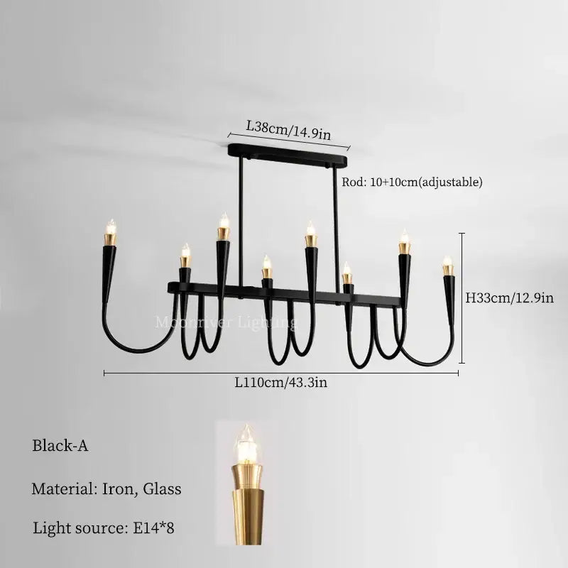 Modern brass black pendant chandelier featuring a black wrought iron frame with eight gold candle-style bulbs glass shades