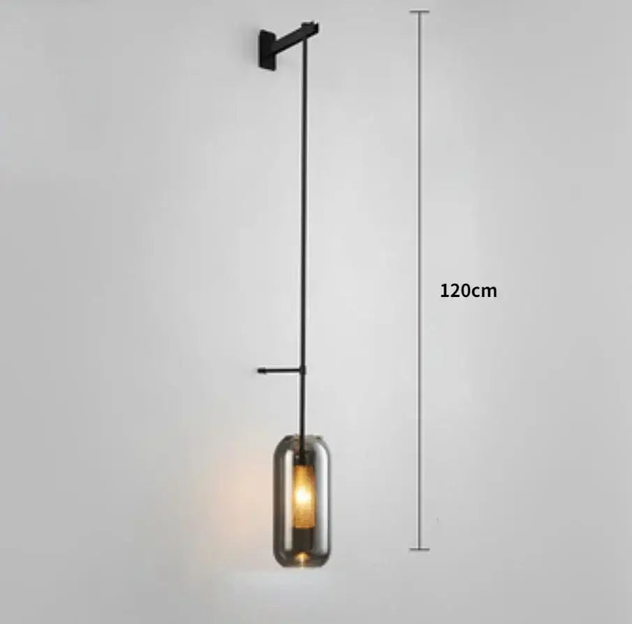 Black metal wall sconce lights with cylindrical smoked glass shade 120cm tall modern brass and black design
