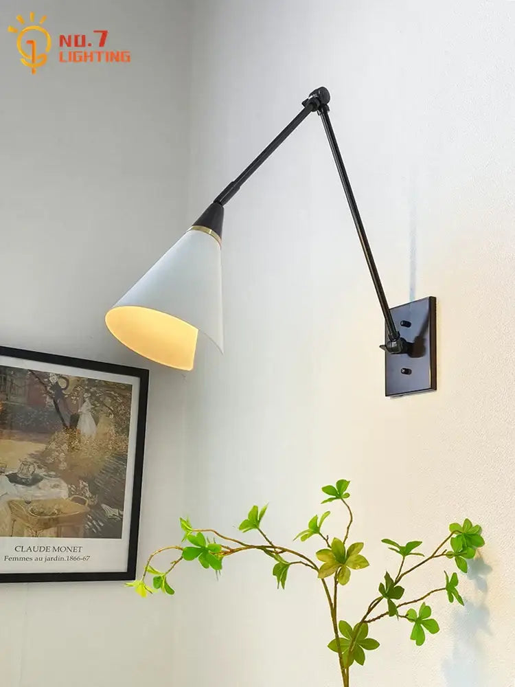 Modern brass black wall lamp with white conical shade and gold trim decorbites brass black swing arm bedroom sconce