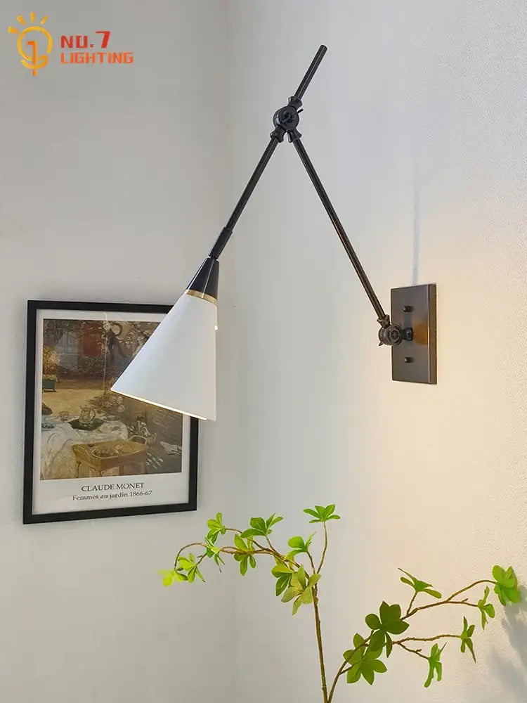 Black articulated wall lamp with brass black finish and white conical shade for modern bedroom decorbites brass black