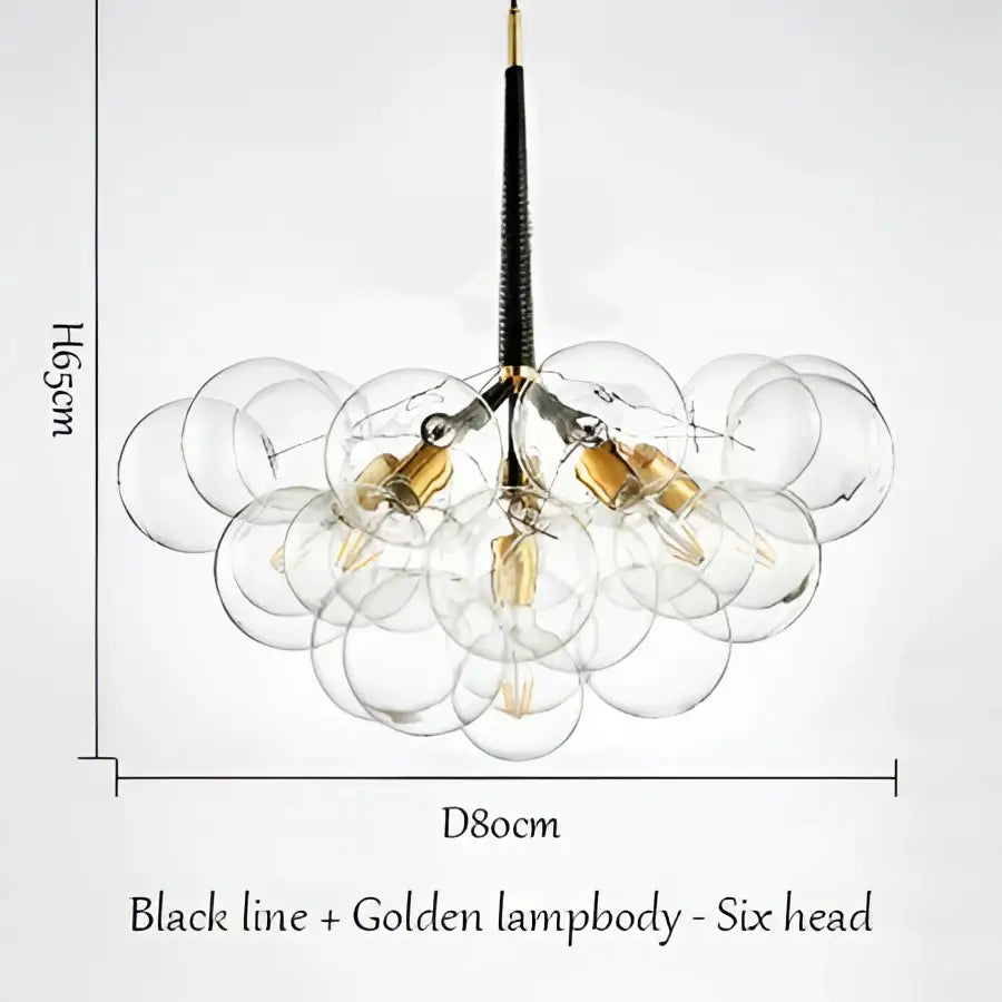 Modern brass bubble chandelier with six spherical glass bulbs and black and gold accents for bedroom lighting by decorbites bubble chandelier